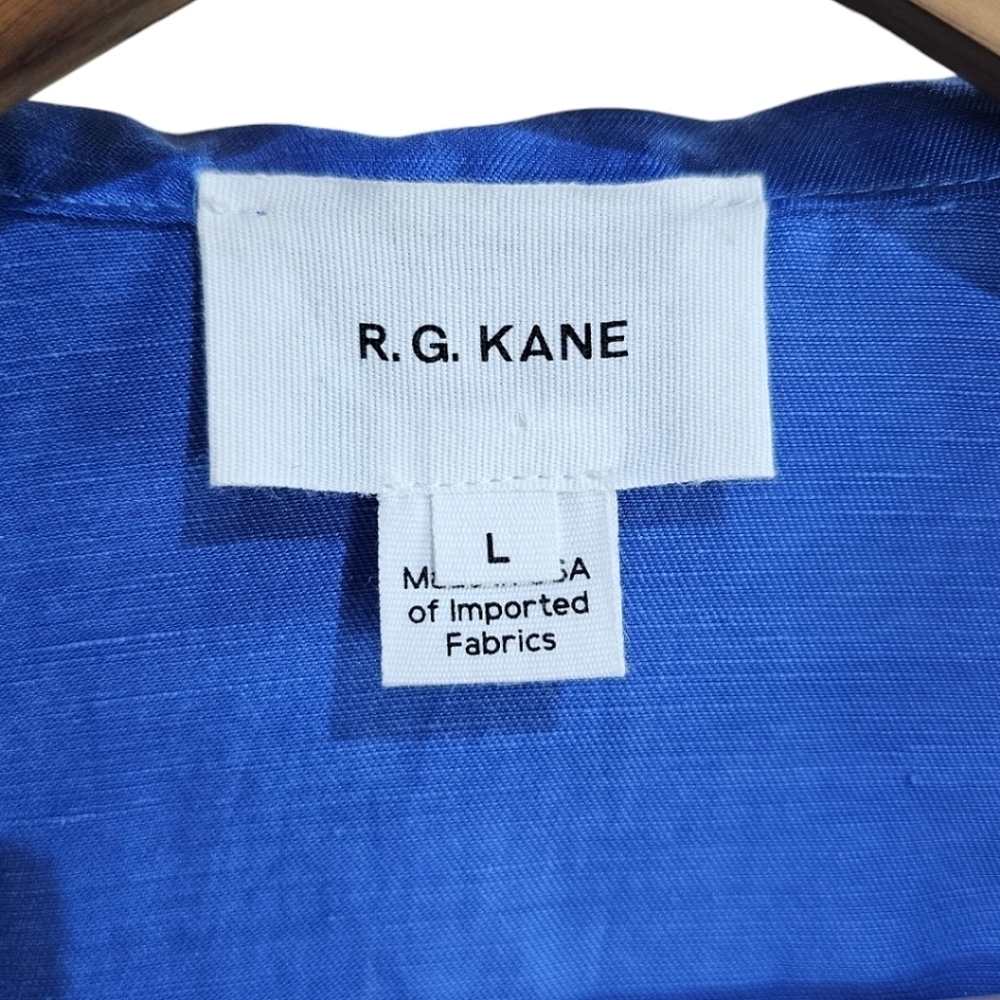R.G. Kane Linen Blend V-Neck Wrap Front Blouse Balloon Sleeve Blue Size Large - Picture 12 of 13
